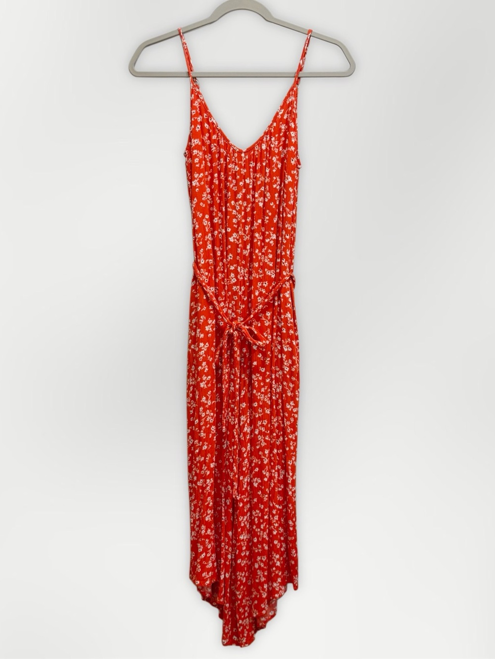 Mud Pie Serafina Red Floral Spaghetti Strap Tie Waist Jumpsuit Sz S/M